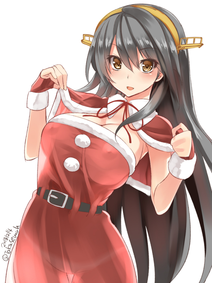 1girl belt black_hair breasts brown_eyes cape capelet cleavage cowboy_shot dated dress erect_nipples eyebrows_visible_through_hair fingerless_gloves fur-trimmed_dress fur_trim gloves hair_between_eyes hair_ornament hairband hairclip haruna_(kantai_collection) headgear highres kantai_collection large_breasts long_hair looking_at_viewer red_cape red_dress red_gloves remodel_(kantai_collection) see-through_silhouette simple_background solo strapless strapless_dress takase_muu twitter_username white_background