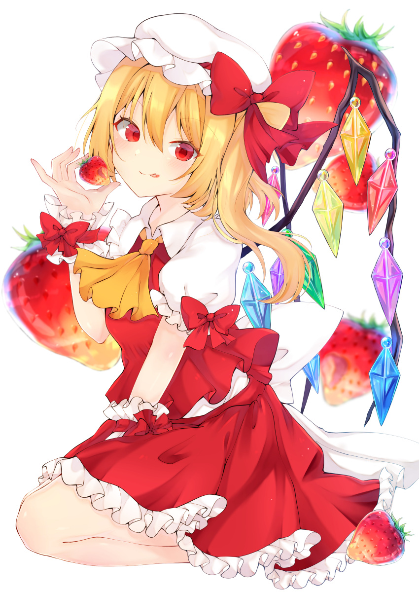 1girl :q absurdres blonde_hair blurry breasts cravat crystal depth_of_field eyebrows_visible_through_hair flandre_scarlet food food_background from_side fruit hair_between_eyes hat hat_ribbon highres holding holding_food holding_fruit juice licking_lips looking_at_viewer mob_cap petticoat puffy_short_sleeves puffy_sleeves red_eyes red_skirt red_vest ribbon seiza shirt short_hair short_sleeves side_ponytail simple_background sitting skirt skirt_set small_breasts solanikieru solo strawberry tongue tongue_out touhou vest white_background white_headwear white_shirt wings wrist_cuffs yellow_neckwear
