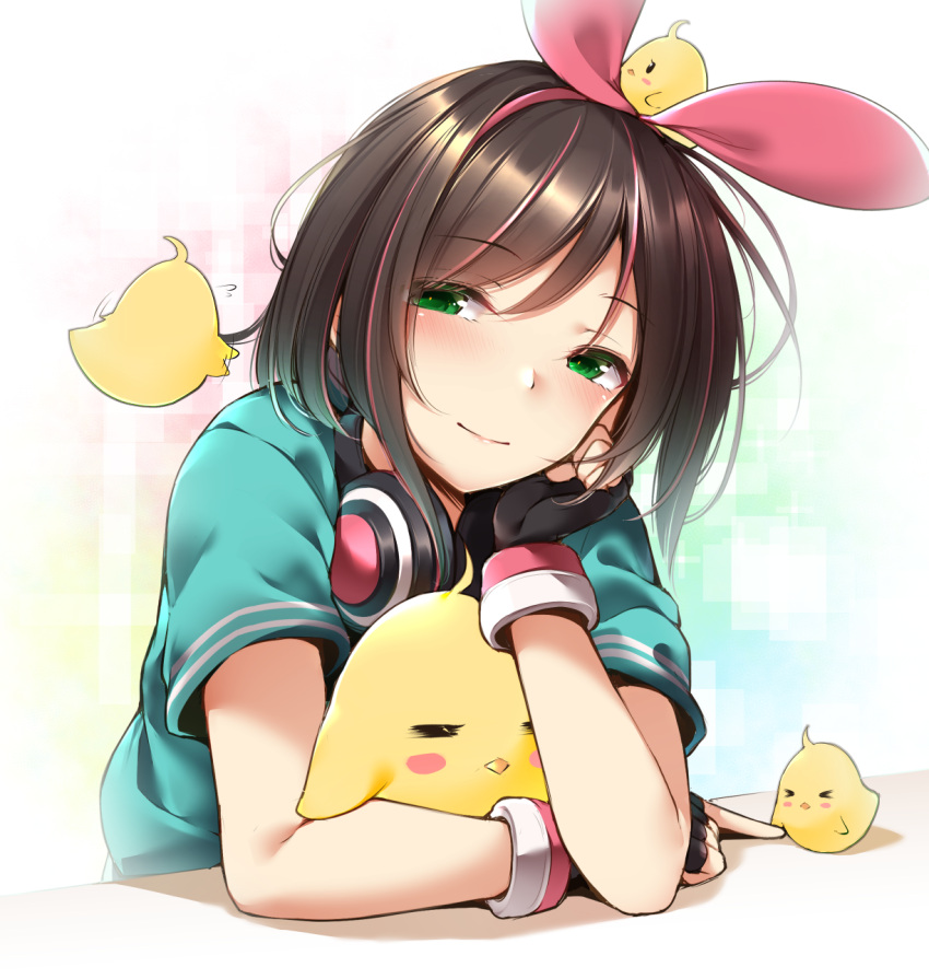 &gt;_&lt; 1girl =_= a.i._channel ahoge animal animal_on_head aqua_shirt bangs bird black_gloves blush blush_stickers brown_hair chick chinese_clothes commentary_request eyebrows_visible_through_hair fingerless_gloves gloves green_eyes hair_ribbon hand_up headphones headphones_around_neck highres kizuna_ai looking_at_viewer multicolored_hair on_head pink_hair pink_ribbon ribbon shadow shirt short_hair short_sleeves smile solo streaked_hair toyosaki_shu upper_body virtual_youtuber wrist_cuffs