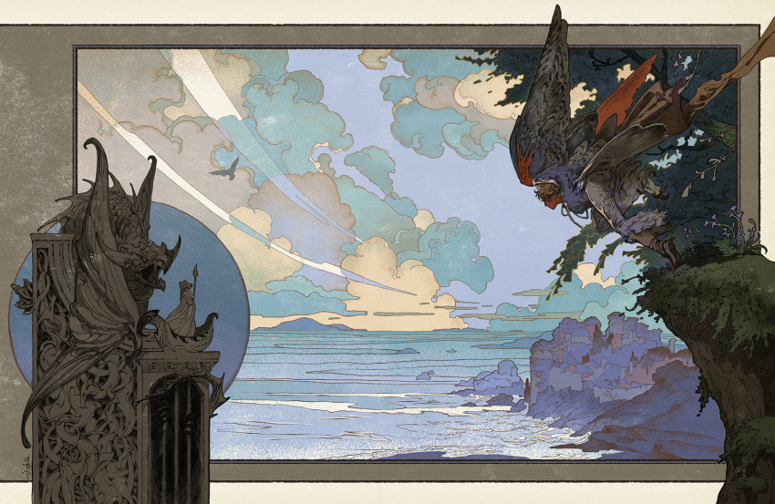 bird building clouds commentary_request gedo_senki highres no_humans ocean statue tree wings