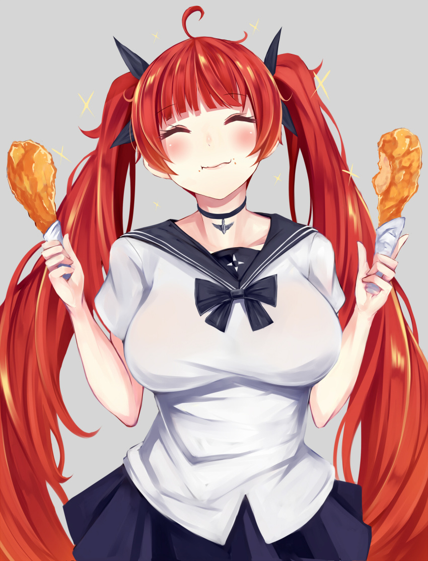 1girl ahoge azur_lane black_choker black_sailor_collar black_skirt breasts choker closed_eyes closed_mouth collarbone eating facing_viewer food food_on_face fried_chicken hair_ornament hands_up highres honolulu_(azur_lane) irohasu large_breasts long_hair miniskirt pleated_skirt redhead sailor_collar shirt short_sleeves skirt solo sparkle twintails upper_body very_long_hair wavy_mouth white_shirt