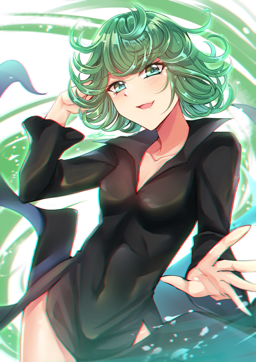 1girl absurdres black_dress blush breasts collarbone commentary_request curly_hair dress eyebrows_visible_through_hair floating_hair green_eyes green_hair gu_li highres looking_at_viewer navel one-punch_man short_hair small_breasts smile solo tatsumaki