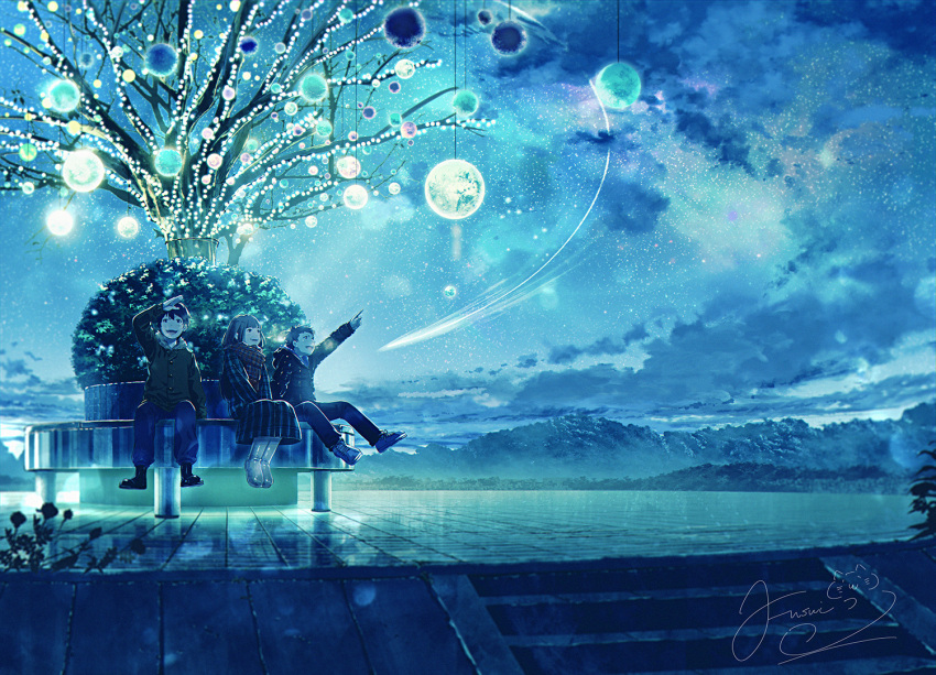 1girl 2boys bench blue_theme blush boots breath bush clouds cold commentary dress fusui hand_up happy hill long_hair looking_up multiple_boys night night_sky open_mouth original park park_bench plaid plaid_dress plaid_scarf pointing scarf scenery shoes short_hair signature sitting sky smile sneakers star_(sky) starry_sky tree winter_clothes
