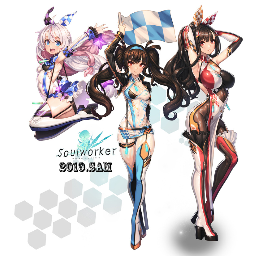 3girls arm_up armpits arms_up ass_visible_through_thighs blue_eyes bodysuit boots bow breasts checkered checkered_flag cleavage covered_navel detached_sleeves ecell elbow_gloves flag garter_straps gloves hair_bow hair_ornament hairband highres impossible_clothes iris_yuma large_breasts leotard lily_bloomerchen looking_at_viewer low_twin_braids microskirt multiple_girls parted_lips pelvic_curtain pink_hair ponytail red_eyes sidelocks skin_tight skirt small_breasts soul_worker stella_unibell suspenders thigh-highs thigh_boots thigh_strap twintails white_footwear white_hair