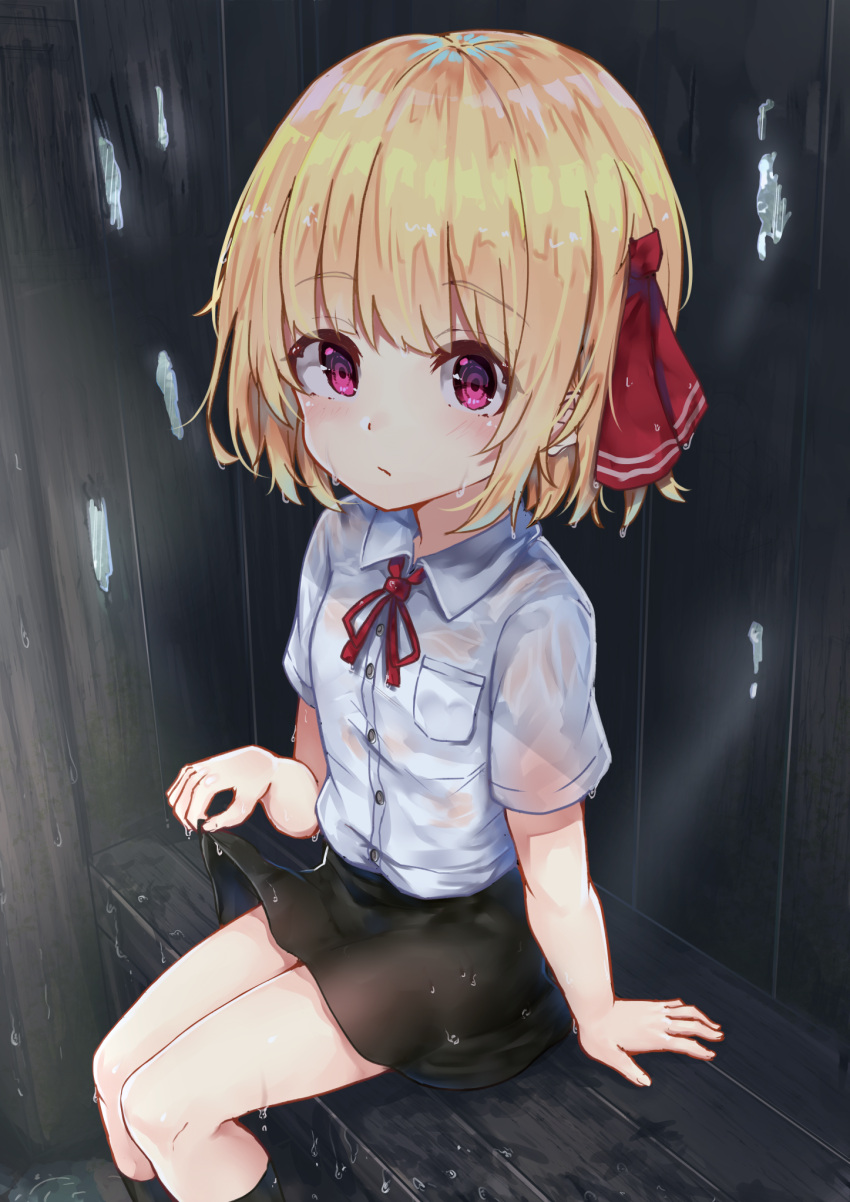 1girl bench black_legwear black_skirt blonde_hair blouse blush bow bowtie commentary_request ears_visible_through_hair eyebrows_visible_through_hair hair_bow hair_ribbon highres kneehighs light_rays looking_at_viewer miniskirt necktie red_eyes red_neckwear red_ribbon ribbon rumia see-through short_hair short_sleeves sitting sitting_on_bench skirt skirt_hold solo thigh-highs touhou wet wet_clothes wet_hair white_blouse wing_collar wowoguni