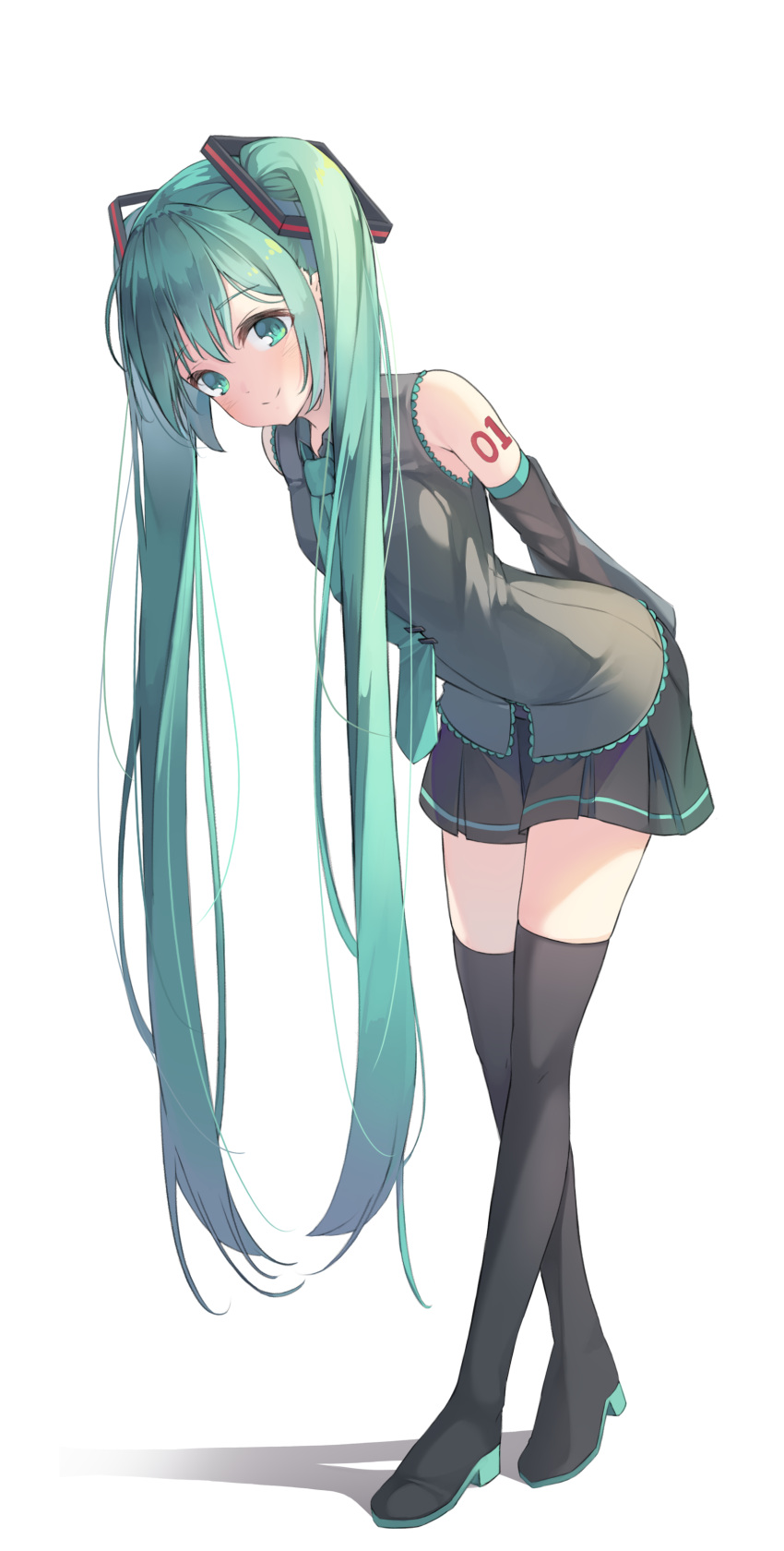 1girl absurdres aqua_eyes aqua_hair arms_behind_back bare_shoulders commentary detached_sleeves full_body hair_ornament hatsune_miku highres kimyo leaning_forward light_blush long_hair looking_at_viewer necktie shadow shirt shoulder_tattoo simple_background sleeveless sleeveless_shirt smile solo tattoo thigh-highs twintails very_long_hair vocaloid white_background zettai_ryouiki