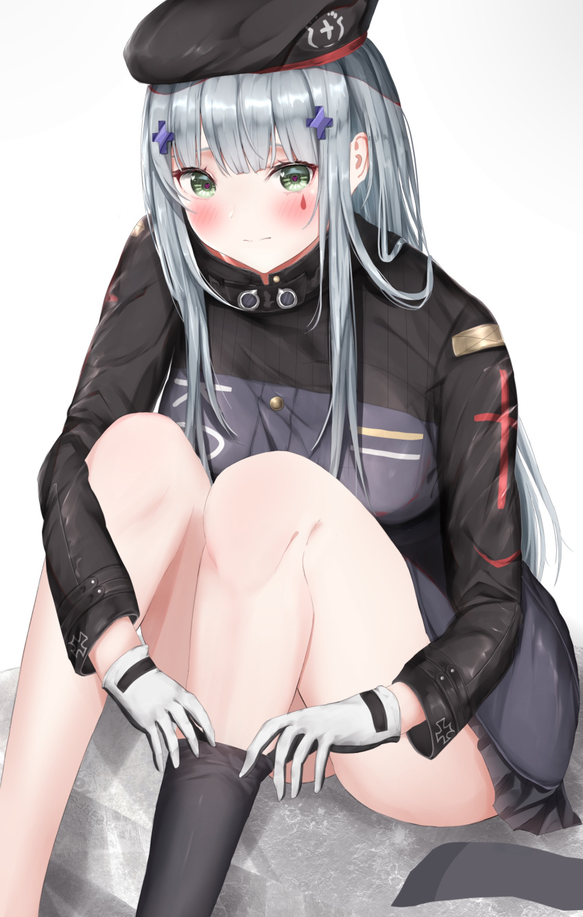 1girl absurdres ass bare_legs beret breasts dressing embarrassed facepaint girls_frontline gloves green_eyes hat heart heart-shaped_pupils highres hk416_(girls_frontline) iron_cross knees_up legs long_hair medium_breasts military_jacket miniskirt pleated_skirt silver_hair single_thighhigh sitting skirt solo symbol-shaped_pupils teardrop thigh-highs thighs undressing user_yexh7882 wavy_mouth