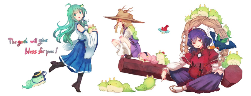 3girls :3 ahoge black_footwear blonde_hair blue_skirt boots bow closed_eyes commentary_request detached_sleeves english_text frog_hair_ornament green_eyes green_hair hair_ornament hair_ribbon hair_tubes hairband hat hat_bow heart heart_of_string high_heel_boots high_heels highres horns kochiya_sanae komeiji_koishi komeiji_satori long_hair moriya_suwako multiple_girls onbashira purple_hair reiuji_utsuho ribbon sidelocks skirt socks solid_circle_eyes squatting sukusuku_hakutaku terrajin third_eye touhou tress_ribbon white_legwear yasaka_kanako