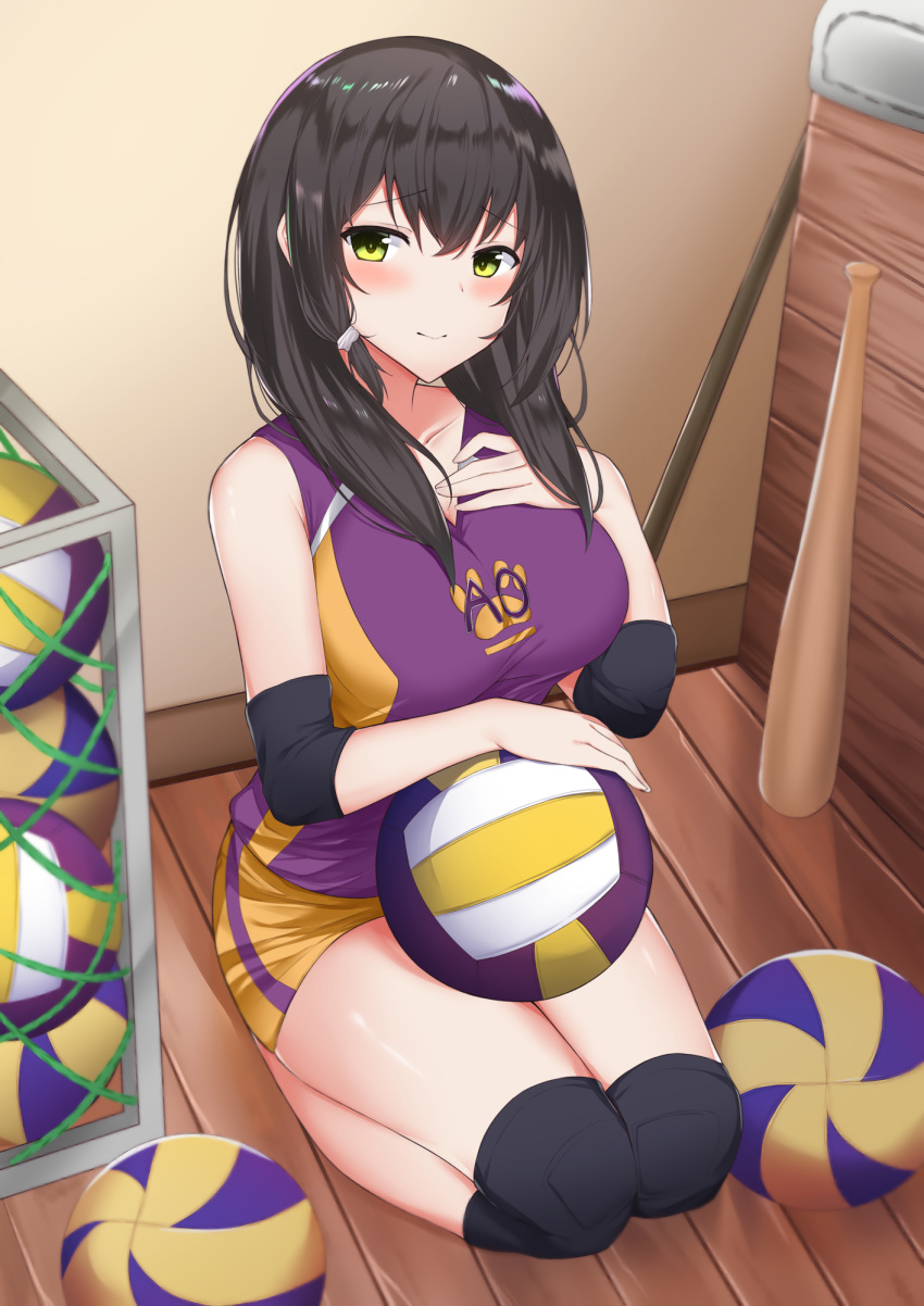 1girl arm_warmers bangs bare_shoulders baseball_bat basket black_hair blush breasts closed_mouth collarbone commentary_request full_body green_eyes hair_ornament hand_on_own_chest hand_up highres jersey knee_pads kneeling kurigura_(sketch_san) large_breasts long_hair looking_at_viewer on_floor orange_shorts original purple_shirt shirt short_shorts shorts sidelocks sleeveless sleeveless_shirt smile solo sportswear thighs volleyball volleyball_uniform wooden_floor