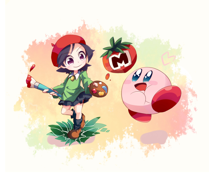 1girl 1other adeleine amedama_(akaki_4207) beret black_hair black_legwear black_skirt brown_footwear collared_shirt full_body green_shirt hal_laboratory_inc. hat holding holding_paintbrush hoshi_no_kirby hoshi_no_kirby_64 kirby kirby_(series) long_sleeves maxim_tomato medium_hair nintendo paint paintbrush pink_puff_ball pleated_skirt red_headwear shirt shoes skirt smile socks violet_eyes