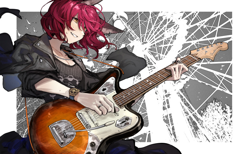 1girl animal_ears bangs blue_skirt border breasts brown_eyes cleavage commentary_request fender_jaguar ferris_wheel guitar highres instrument jacket jacket_on_shoulders jewelry large_breasts leather leather_jacket mephist-pheles necklace original redhead shirt short_hair skirt smile t-shirt two-tone_background watch watch white_border