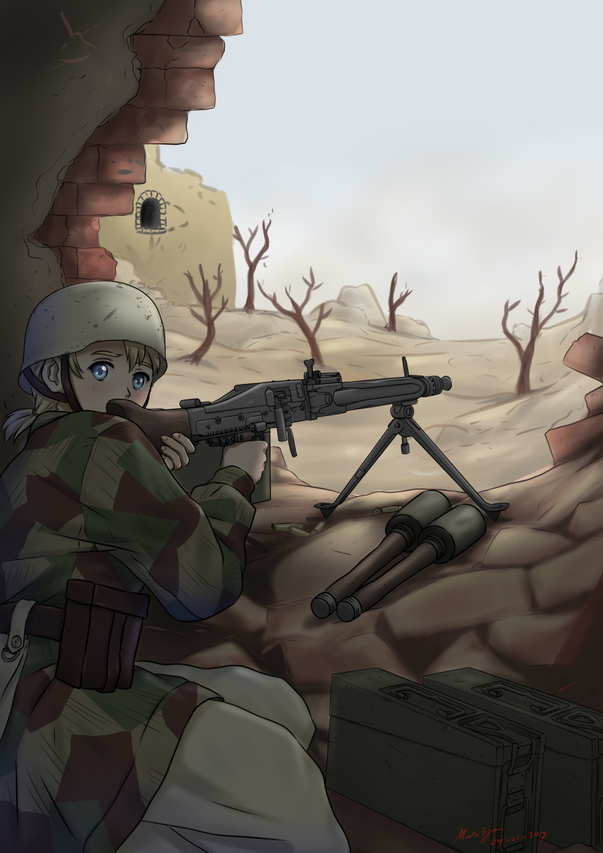 1girl absurdres ammo_box bare_tree belt blue_eyes blush building dated explosive grenade gun hair_tie helmet highres looking_at_viewer looking_back machine_gun mg42 millimeter original ponytail pouch shade shell_casing short_hair short_ponytail signature sitting sky soldier solo tree war weapon world_war_ii