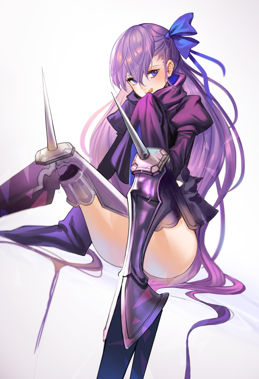 1girl absurdres armored_boots bangs blue_eyes blush boots commentary_request fate/extra fate/extra_ccc fate/grand_order fate_(series) hair_ribbon haribo_kanten high_collar highres korean_commentary licking_lips long_hair long_sleeves looking_at_viewer meltryllis purple_hair ribbon simple_background sitting sleeves_past_fingers sleeves_past_wrists solo spikes thighs tongue tongue_out very_long_hair white_background