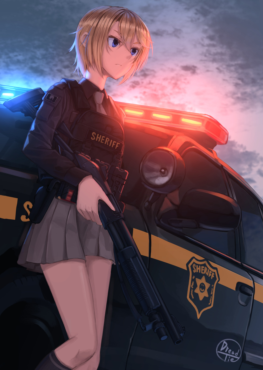 1girl absurdres blonde_hair car clouds dark dreadtie from_below frown ground_vehicle gun handgun highres holster kneehighs lights load_bearing_vest motor_vehicle necktie original pistol police police_car police_uniform policewoman serious sheriff short_hair shotgun signature sky solo sunset uniform weapon