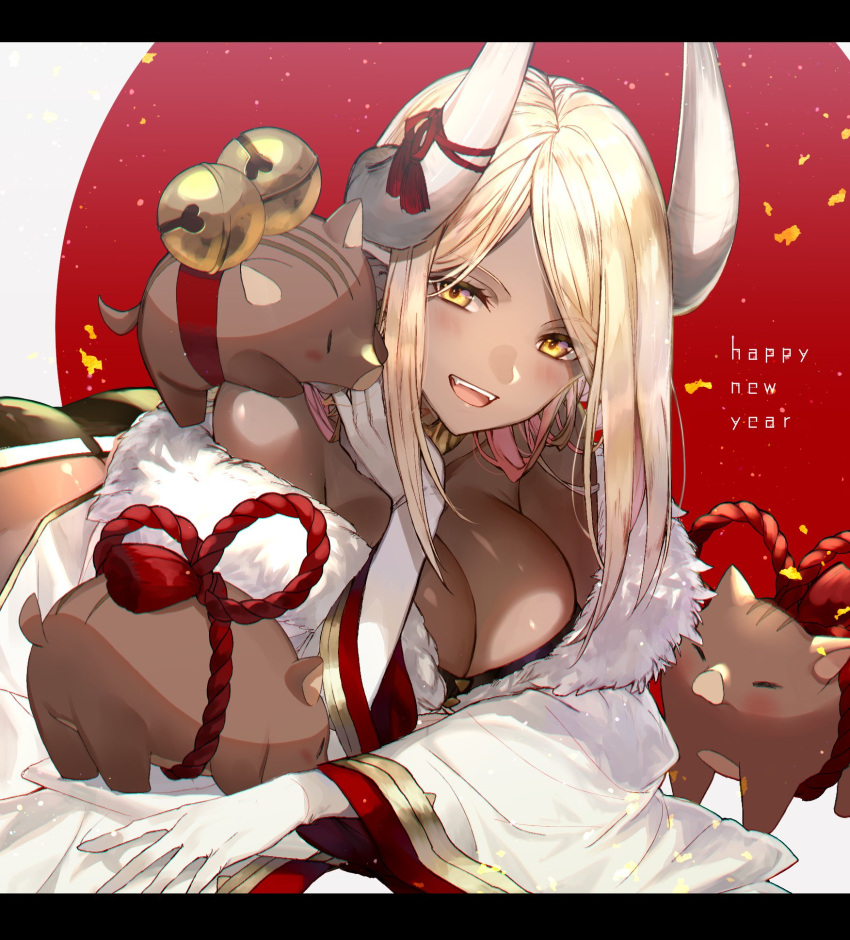 1girl ass bell blonde_hair boar breasts cleavage dark_skin draph fur_trim gloves granblue_fantasy highres horns kuvira_(granblue_fantasy) large_breasts lying off_shoulder on_stomach rilmok shorts white_gloves wide_sleeves yellow_eyes