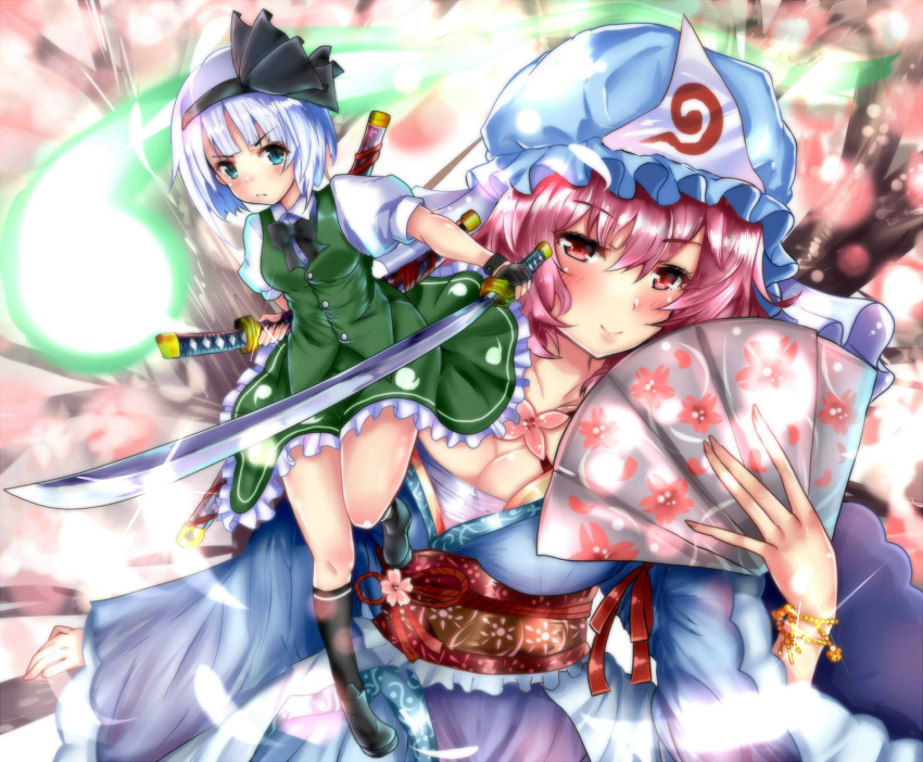 2girls :/ black_footwear black_legwear blue_eyes blue_headwear blue_kimono blurry bracelet breasts cherry_blossoms cleavage commentary_request depth_of_field eyebrows_visible_through_hair fan fire_maxs folding_fan frilled_skirt frills full_body furrowed_eyebrows glint green_skirt green_vest hair_between_eyes hair_ribbon hat highres holding holding_fan holding_sword holding_weapon japanese_clothes jewelry kimono kneehighs konpaku_youmu konpaku_youmu_(ghost) large_breasts leaning_to_the_side looking_at_viewer mob_cap multiple_girls obi pink_eyes pink_hair puffy_short_sleeves puffy_sleeves ribbon saigyouji_yuyuko sarashi sash shirt short_hair short_sleeves silver_hair skirt small_breasts smile standing standing_on_one_leg sword touhou tree upper_body vest weapon white_shirt