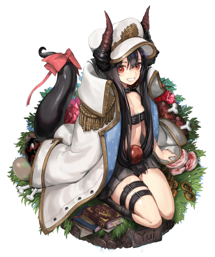 1girl :d bangosu beltbra black_hair black_legwear black_skirt boned_meat book bookmark bow breasts buckle character_name cleavage coat collar commentary_request cookie easter_egg egg food full_body grin hair_between_eyes hat highres horns jacket_on_shoulders kneehighs long_hair long_sleeves looking_at_viewer low-tied_long_hair meat military_hat miniskirt open_clothes open_coat open_mouth pink_bow red_eyes seiza sitting skirt small_breasts smile solo tail tail_bow teeth thigh_strap very_long_hair vgaming virtual_youtuber white_coat white_headwear yoruno_yui