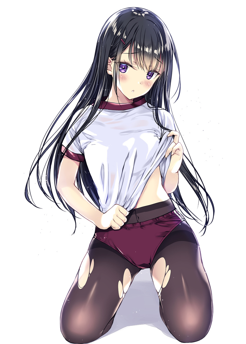 1girl :o black_hair breasts commentary_request covered_navel eyebrows_visible_through_hair full_body gym_shirt gym_uniform hair_ornament hairclip head_tilt highres kneeling kobayashi_chisato lifted_by_self long_hair looking_at_viewer original pantyhose pantyhose_under_buruma parted_lips purple_buruma shiny shiny_hair shirt shirt_lift short_sleeves simple_background small_breasts solo straight_hair thighband_pantyhose torn_clothes torn_legwear very_long_hair violet_eyes white_background