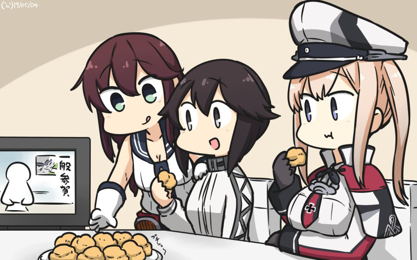 3girls bangs black_gloves black_hair blonde_hair blue_eyes braid breasts brown_hair capelet celtic_knot commentary_request cowboy_shot cream_puff dated food gloves graf_zeppelin_(kantai_collection) green_eyes grey_eyes grey_eyes hair_between_eyes hamu_koutarou hat hayasui_(kantai_collection) highres iron_cross jacket kantai_collection large_breasts long_hair midriff military_hat multiple_girls necktie noshiro_(kantai_collection) peaked_cap pleated_skirt red_skirt school_uniform serafuku short_hair sidelocks skirt sleeveless swept_bangs table television track_jacket twin_braids twintails upper_body white_gloves white_jacket