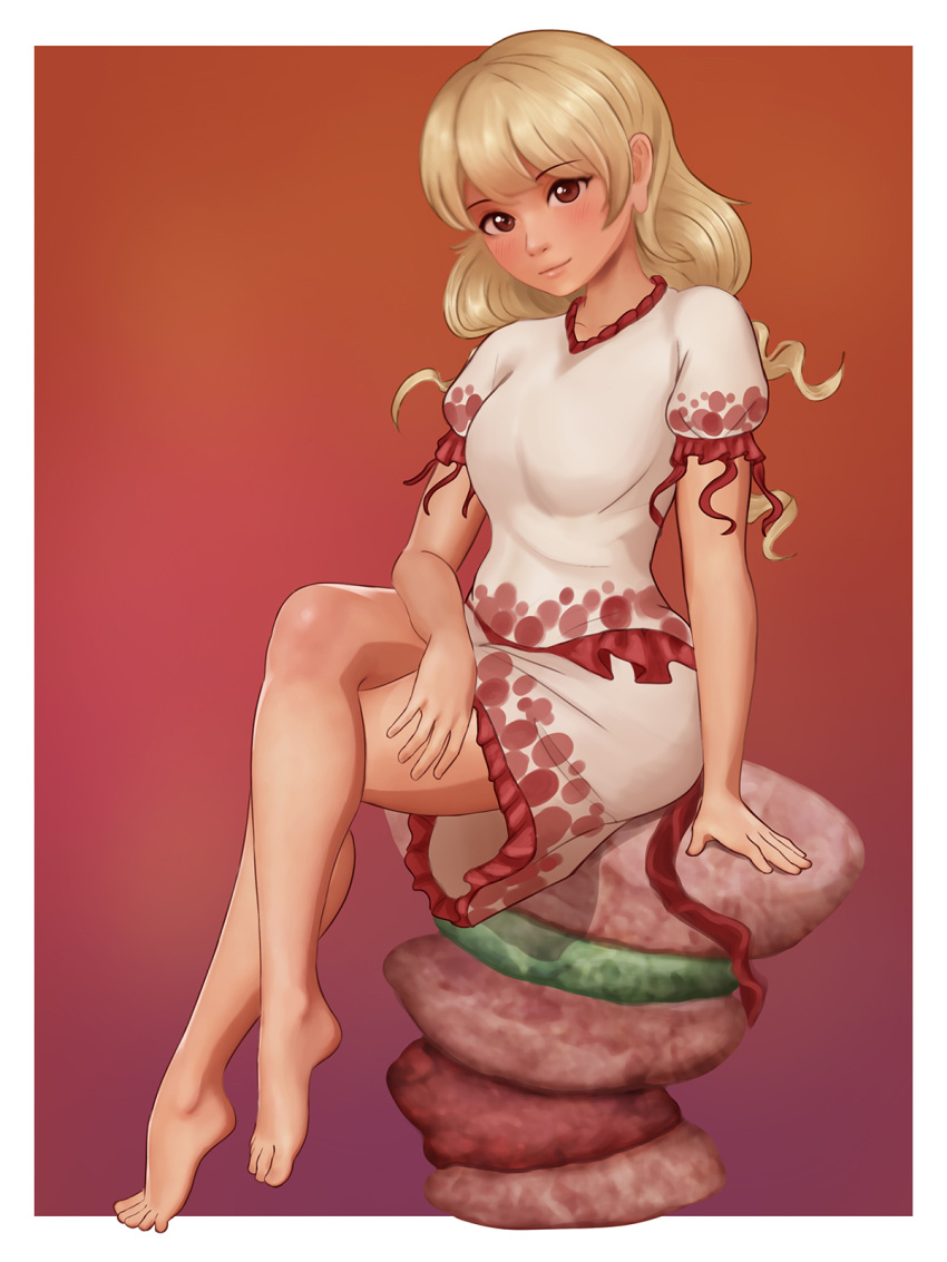 1girl aethos arm_rest barefoot blonde_hair breasts brown_eyes earlobes expressionless eyebrows_visible_through_hair frilled_skirt frills gradient gradient_background head_tilt highres legs_crossed lips long_hair looking_at_viewer medium_breasts polka_dot puffy_short_sleeves puffy_sleeves red_background rock shirt short_sleeves simple_background sitting sitting_on_rock skirt solo touhou white_shirt white_skirt wily_beast_and_weakest_creature
