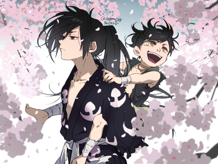 1boy 1girl bandage barefoot black_hair brown_eyes carrying cherry_blossoms child closed_mouth dororo_(character) dororo_(tezuka) hyakkimaru_(dororo) japanese_clothes open_mouth petals piggyback ponytail ringorenji smile twitter_username