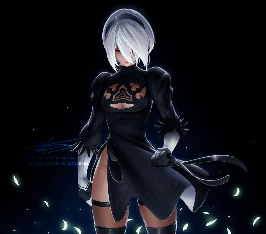 1girl black_dress black_hairband blindfold_removed breasts cleavage_cutout clenched_hands closed_eyes commentary dress english_commentary feather-trimmed_sleeves hairband highres ioshkun juliet_sleeves long_sleeves medium_breasts mole mole_under_mouth nier_(series) nier_automata no_blindfold no_bra puffy_sleeves sheer_legwear side_slit signature silver_hair solo thigh-highs thighhighs_under_boots watermark web_address yorha_no._2_type_b