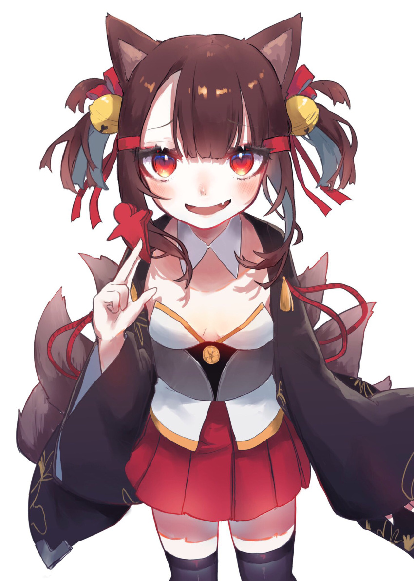 1girl after_suko akagi-chan_(azur_lane) akagi_(azur_lane) animal_ears azur_lane bangs bell black_kimono blunt_bangs breasts brown_hair brown_legwear cleavage eyebrows_visible_through_hair eyeliner eyeshadow fang fox_ears fox_girl fox_tail hair_bell hair_ornament hakama_skirt highres japanese_clothes kimono kitsune makeup multiple_tails pleated_skirt red_eyes red_skirt skirt small_breasts smile solo tail twintails wide_sleeves younger