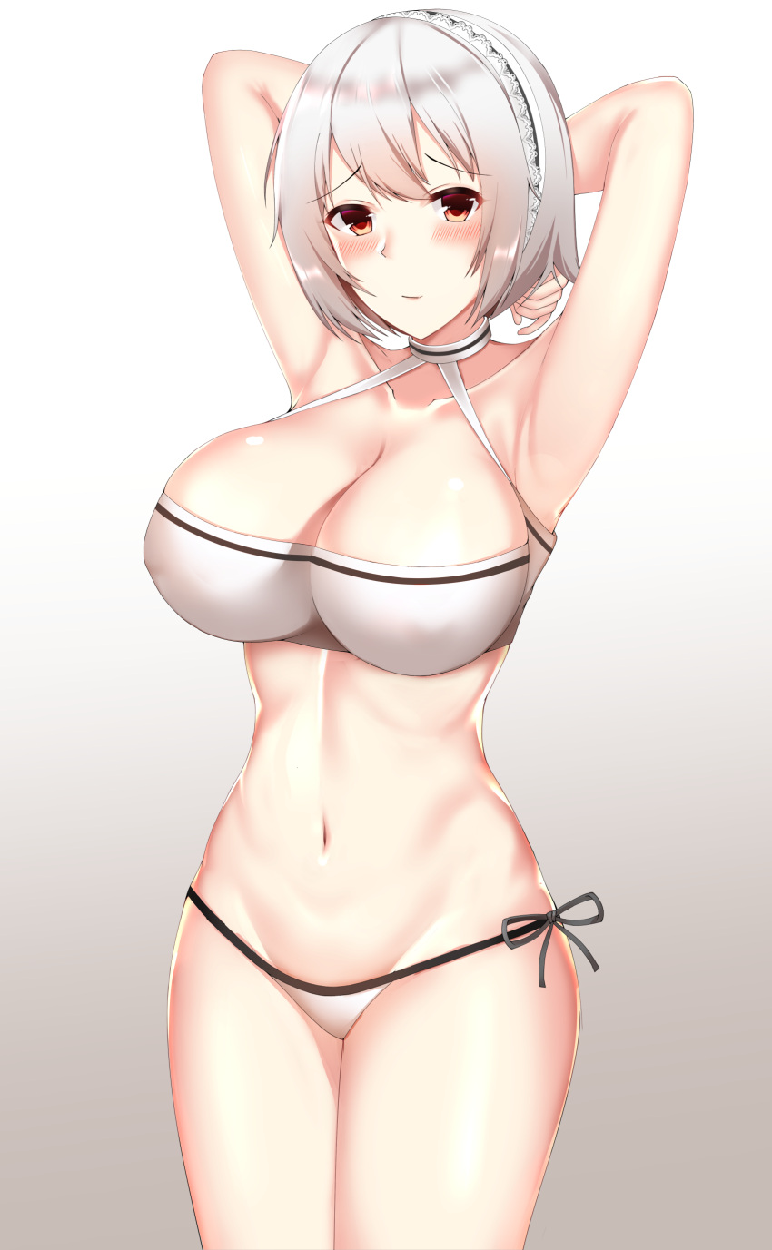 1girl absurdres armpits arms_behind_head arms_up azur_lane bangs bikini black_hairband blush breasts cleavage closed_mouth collarbone covered_nipples eyebrows_visible_through_hair frilled_hairband frills gradient gradient_background grey_background groin hair_between_eyes hair_intakes hairband highres large_breasts legs_together light_smile looking_at_viewer navel qqq red_eyes short_hair side-tie_bikini silver_hair sirius_(azur_lane) solo standing string swimsuit tachi-e thick_thighs thighs white_background white_bikini_bottom white_frills