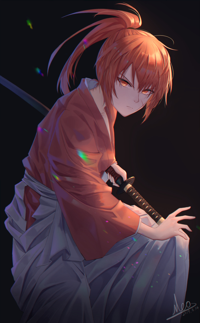 1boy 2019 absurdres brown_eyes brown_hair dated facial_scar frown grey_hakama hair_between_eyes hakama high_ponytail highres himura_kenshin holding holding_sheath japanese_clothes kimono long_hair long_sleeves looking_at_viewer male_focus meo_(1271884559) red_kimono rurouni_kenshin scar scar_on_cheek sheath sheathed shiny shiny_hair signature solo stance v-shaped_eyebrows