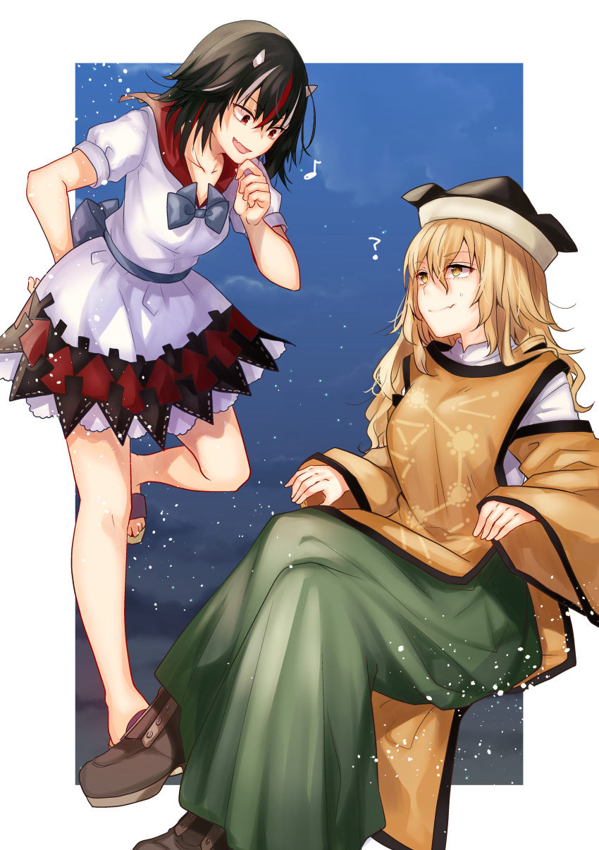 2girls :d ? absurdres bangs bare_legs black_hair black_headwear blonde_hair blue_bow blue_neckwear blue_sash border bow breasts brown_eyes brown_footwear collarbone commentary_request detached_sleeves dress eighth_note eye_contact eyebrows_visible_through_hair fang fang_out feet_out_of_frame flip-flops green_skirt hair_between_eyes hand_on_own_chin highres horns invisible_chair kijin_seija legs_crossed long_hair long_skirt long_sleeves looking_at_another matara_okina medium_breasts mimoto_(aszxdfcv) multicolored_hair multiple_girls musical_note night night_sky open_mouth outside_border petticoat puffy_short_sleeves puffy_sleeves red_eyes red_sailor_collar redhead sailor_collar sandals sash shirt shoes short_hair short_sleeves sitting skin_fang skirt sky smile streaked_hair tabard thighs touhou white_border white_dress white_hair white_shirt wide_sleeves