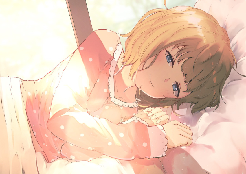 1girl blanket blue_eyes blush breasts brown_hair collarbone long_sleeves looking_at_viewer lying on_bed on_side original pajamas pillow pink_pajamas polka_dot sanasedayo short_hair small_breasts smile solo sunlight