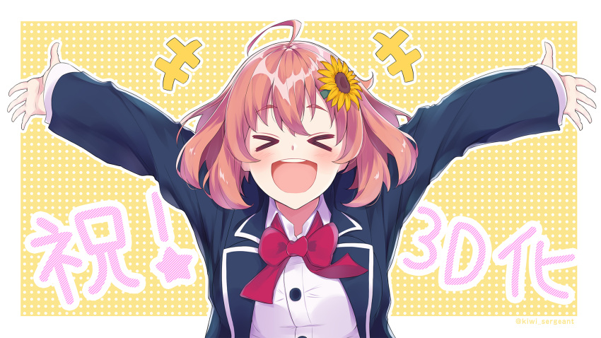 &gt;_&lt; 1girl :d ahoge blazer brown_hair commentary congratulations flower hair_flower hair_ornament hairclip highres honma_himawari jacket kiui_gunsou nijisanji open_mouth outstretched_arms polka_dot polka_dot_background shirt short_hair smile sunflower_hair_ornament tagme virtual_youtuber xd