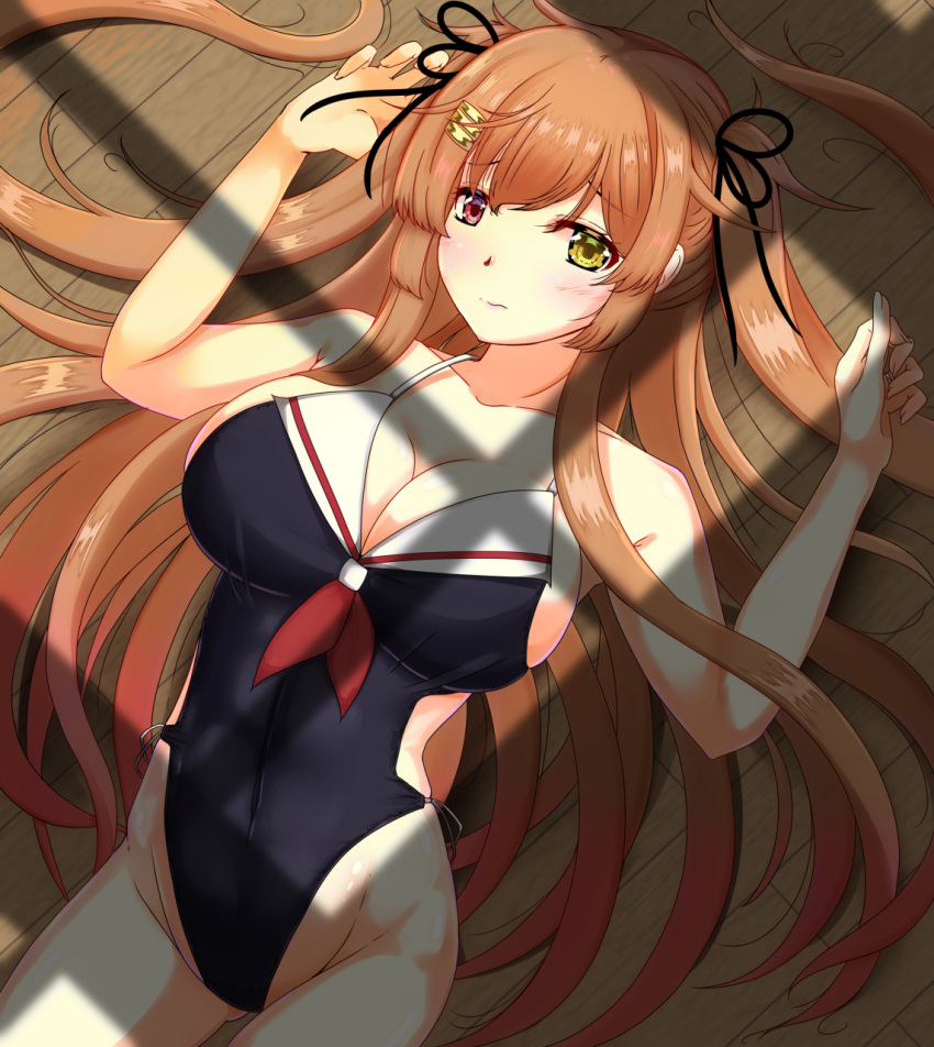 1girl adapted_costume black_swimsuit breasts casual_one-piece_swimsuit cleavage collarbone commentary_request covered_navel gradient_hair heterochromia highres kantai_collection large_breasts light_brown_hair long_hair lying multicolored_hair murasame_(kantai_collection) one-piece_swimsuit red_eyes remodel_(kantai_collection) shigatsu_(soratobuusagi) solo swimsuit two_side_up wooden_floor