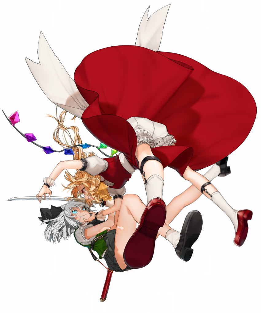 2girls :d ascot ass bangs belt black_belt black_neckwear black_ribbon black_skirt blonde_hair blood blood_from_mouth bloomers blue_eyes breasts clenched_teeth commentary_request eye_contact face-to-face fang flandre_scarlet full_body glowing glowing_eyes gotoh510 green_skirt green_vest hair_between_eyes hair_ribbon highres holding holding_sword holding_weapon katana konpaku_youmu leg_strap leg_up looking_at_another miniskirt multiple_girls neck_ribbon no_hat no_headwear open_mouth profile puffy_short_sleeves puffy_sleeves red_eyes red_footwear red_skirt red_vest reflection ribbon shirt shoes short_hair short_sleeves silver_hair simple_background skirt skirt_set small_breasts smile socks sword teeth thighs touhou underwear v-shaped_eyebrows vest weapon white_background white_bloomers white_legwear white_shirt wrist_cuffs yellow_neckwear