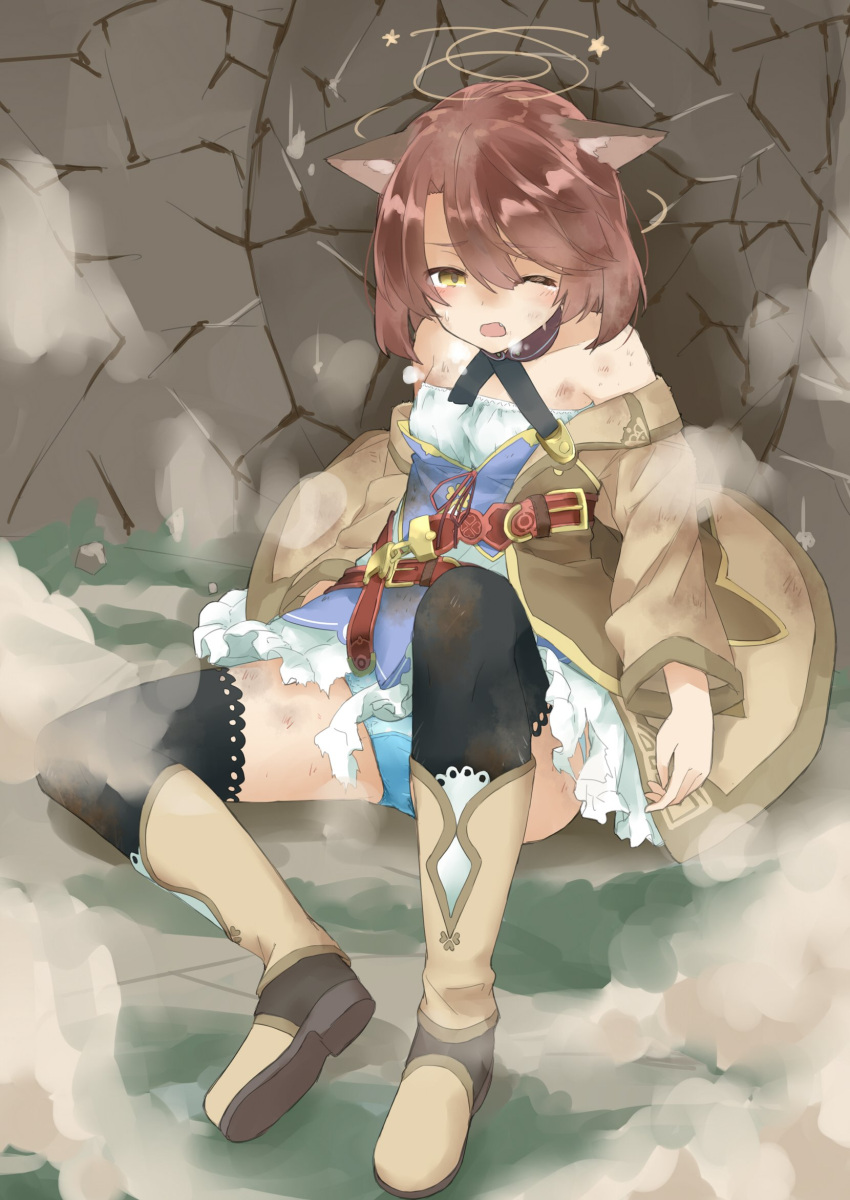 1girl amane_rosylily animal_ear_fluff animal_ears bangs bare_shoulders black_legwear blue_panties blush boots breasts brown_coat brown_eyes brown_footwear brown_hair coat collarbone commentary_request criss-cross_halter dress eyebrows_visible_through_hair fang fox_ears full_body hair_between_eyes half-closed_eye halterneck heavy_breathing highres knee_boots long_sleeves one_eye_closed open_clothes open_coat original panties polka_dot polka_dot_panties sekira_ame sitting small_breasts smoke solo star stone_wall tears thigh-highs thighhighs_under_boots torn_clothes torn_dress underwear wall white_dress