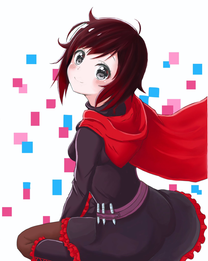 1girl black_hair blush boots breasts cape closed_mouth commentary_request frilled_boots frills grey_eyes head_tilt highres knee_boots long_sleeves looking_at_viewer multicolored_hair pixelated red_cape ruby_rose rwby short_hair smile solo white_background
