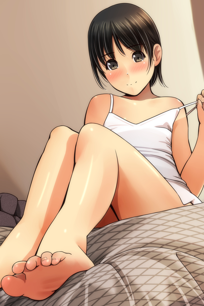 1girl absurdres bangs bare_arms bare_legs bare_shoulders barefoot blush brown_eyes brown_hair camisole closed_mouth collarbone eyebrows_visible_through_hair feet fingernails highres legs looking_at_viewer matsunaga_kouyou nose_blush original pulled_by_self short_hair sitting smile soles solo strap_pull toenails underwear underwear_only white_camisole