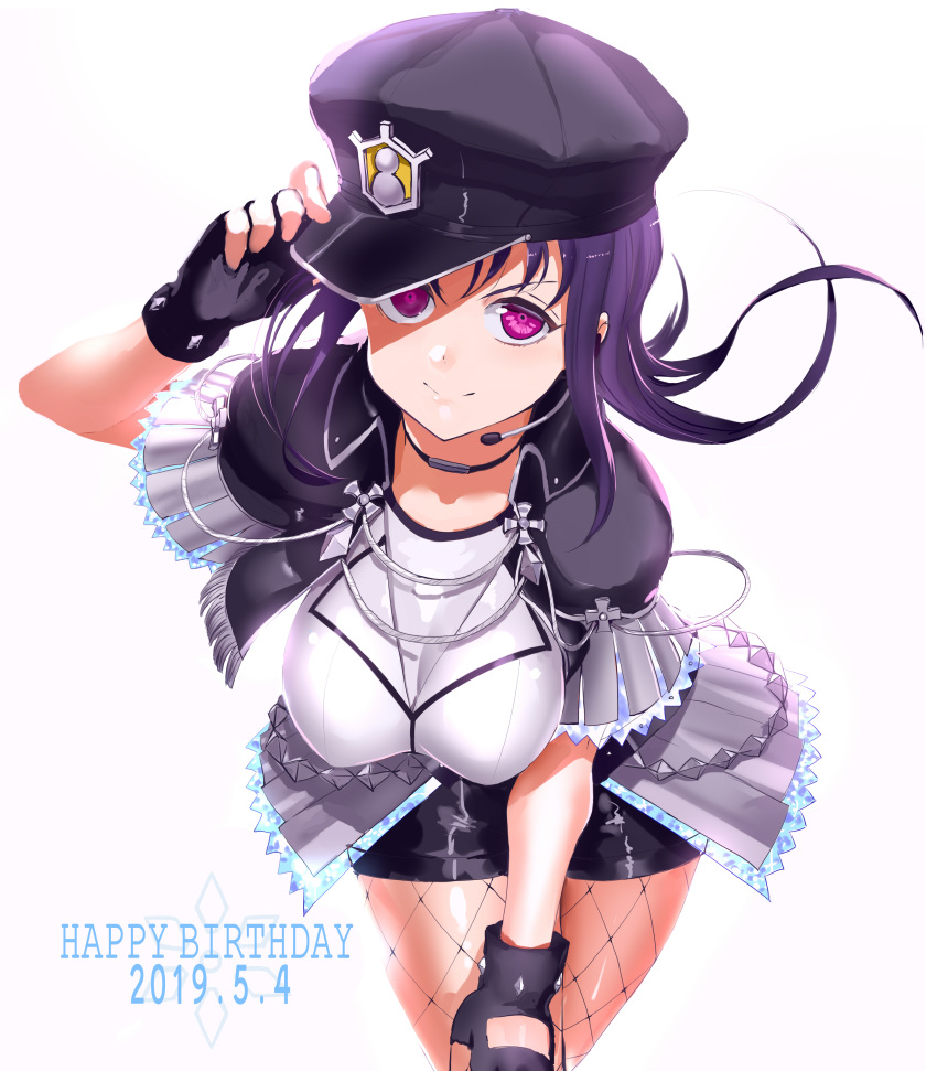 1girl absurdres bangs believe_again birthday breasts commentary_request fingerless_gloves fishnet_pantyhose fishnets gloves hair_down happy_birthday hat headset highres jyon kazuno_sarah large_breasts long_hair looking_at_viewer love_live! love_live!_sunshine!! love_live!_sunshine!!_the_school_idol_movie_over_the_rainbow pantyhose pink_eyes purple_hair short_sleeves sidelocks solo spoilers