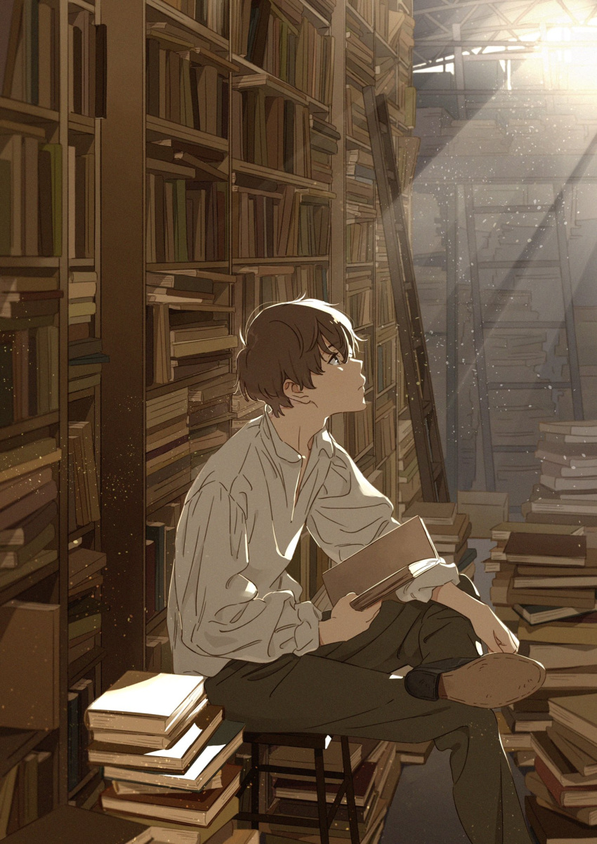 1boy book bookshelf brown_eyes brown_hair commentary frown highres holding holding_book indoors issindotai ladder legs_crossed library light_particles light_rays looking_up male_focus original profile short_hair sitting solo stool sunlight