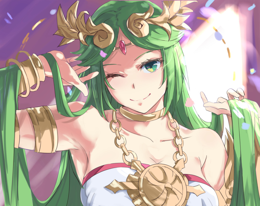 1girl armpits bangs bare_shoulders blush breasts commentary_request dress green_eyes green_hair highres jewelry kid_icarus large_breasts long_hair looking_at_viewer necklace nintendo palutena smile solo super_smash_bros. tiara tomas_(kaosu22) upper_body very_long_hair