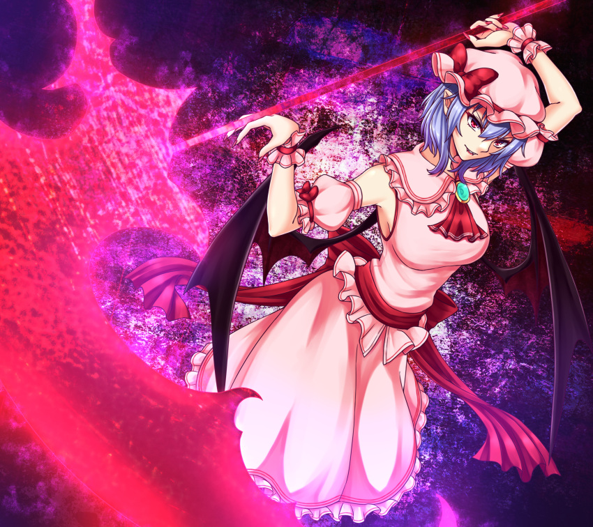 &gt;:) 1girl absurdres alternate_breast_size arm_up ascot bangs bare_shoulders bat_wings blue_hair bow breasts brooch commentary_request detached_sleeves dress eyebrows_visible_through_hair fangs frilled_shirt_collar frills grin hair_between_eyes hat hat_bow highres holding holding_weapon jewelry looking_at_viewer medium_breasts mob_cap older pink_dress pink_headwear pointy_ears polearm puffy_short_sleeves puffy_sleeves red_bow red_eyes red_neckwear red_sash remilia_scarlet sash short_hair short_sleeves smile solo spear spear_the_gungnir touhou v-shaped_eyebrows weapon wings wrist_cuffs zeramu