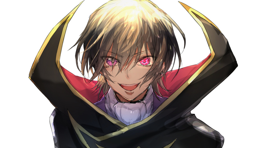 1boy :d black_cape brown_hair cape code_geass geass heterochromia highres lelouch_lamperouge looking_at_viewer male_focus open_mouth pink_eyes red_eyes short_hair simple_background smile solo sumi_otto white_background