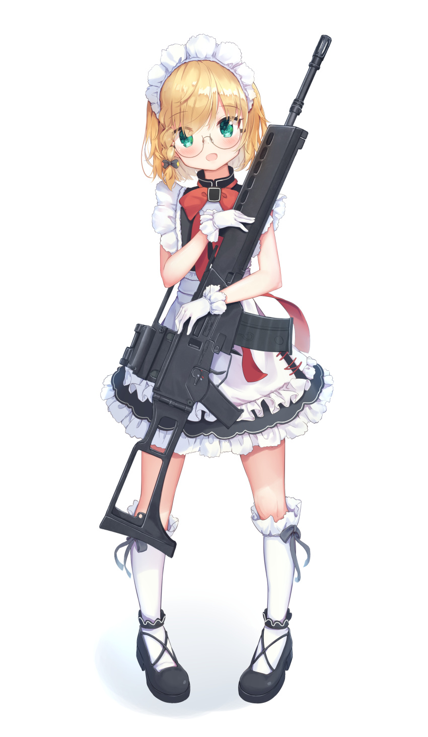 1girl :d absurdres apron assault_rifle bangs black_bow black_dress black_footwear blonde_hair blush bow braid commentary_request dress eyebrows_visible_through_hair frilled_apron frilled_dress frills full_body g36_(girls_frontline) girls_frontline glasses gloves green_eyes gun h&amp;k_g36 hair_between_eyes hair_bow head_tilt highres kneehighs korean_commentary looking_at_viewer maid maid_headdress object_hug object_namesake open_mouth red_bow rifle round_eyewear seero shoes side_braid single_braid sleeveless sleeveless_dress smile solo standing waist_apron weapon white_apron white_gloves white_legwear