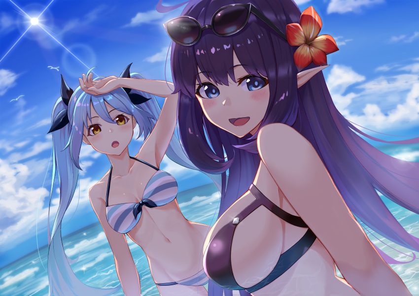 2girls :d absurdres ahoge alternate_costume arm_up bangs bare_shoulders bikini bird black_bikini blue_bikini blue_eyes blue_hair blue_ribbon blush breasts cleavage clouds collarbone day dutch_angle elf eyebrows_visible_through_hair eyewear_on_head fifty1202 flower front-tie_bikini front-tie_top groin hair_between_eyes hair_flower hair_ornament highres huge_filesize king's_raid large_breasts long_hair looking_at_viewer mirianne_(king's_raid) multiple_girls navel open_mouth outdoors pointy_ears purple_hair ribbon sidelocks sky smile sonia_(king's_raid) stomach striped striped_bikini sunglasses swimsuit twintails very_long_hair yellow_eyes yellow_flower