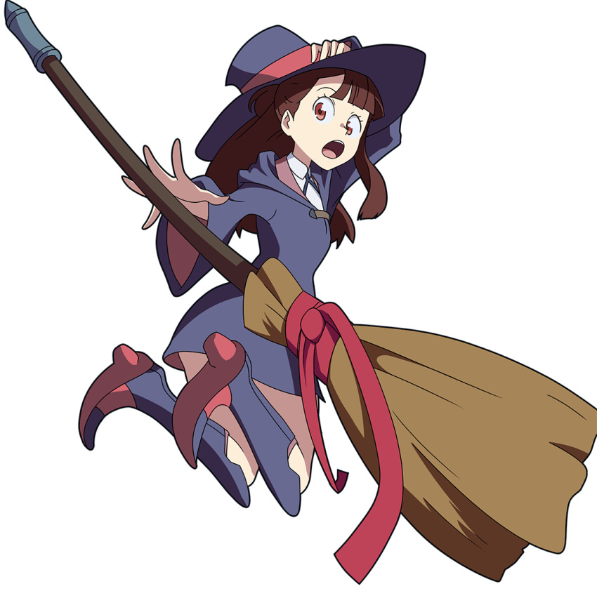 1girl boots broom brown_eyes brown_hair full_body hat kagari_atsuko little_witch_academia looking_back open_mouth parody showers-u sparkle transparent_background witch_hat yu-gi-oh!