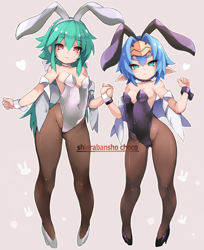 2girls animal_ears aqua_eyes bangs bare_shoulders black_choker black_footwear black_hairband black_leotard blue_eyes blush breasts brown_background brown_legwear bunnysuit choker closed_mouth collarbone commentary_request covered_navel fake_animal_ears fingernails frown green_hair hair_between_eyes hairband hand_holding heart hellmatio high_heels highres karukan_(monjya) leotard long_hair looking_at_viewer multiple_girls off_shoulder open_clothes open_vest pantyhose pointy_ears rabbit_ears red_eyes shinrabanshou shizuku_(shinrabanshou) shoes simple_background small_breasts smile strapless strapless_leotard thick_eyebrows v-shaped_eyebrows very_long_hair vest white_footwear white_hairband white_leotard white_vest wrist_cuffs