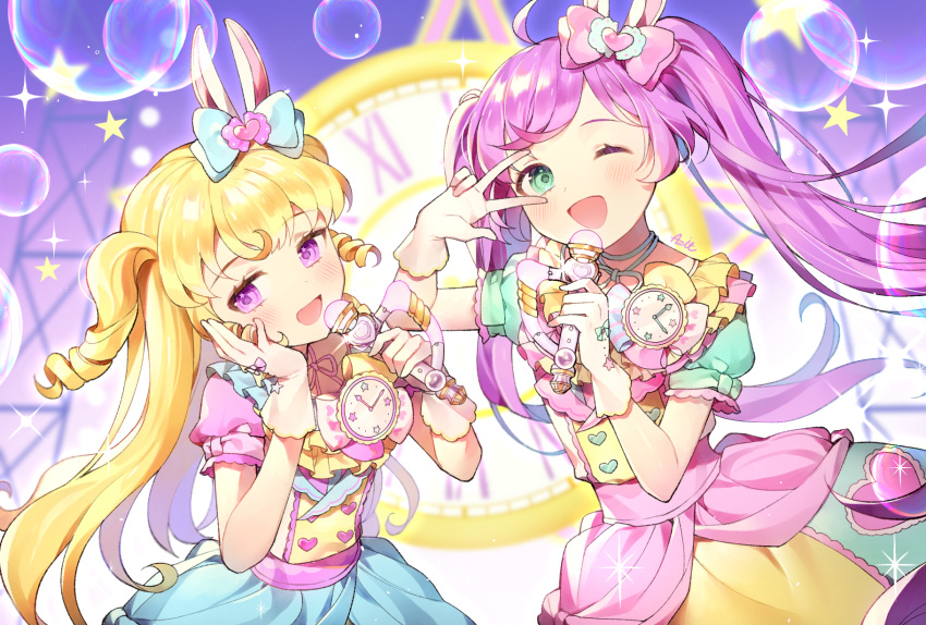 2girls :d ;d animal_ears arm_up azit_(down) blonde_hair blue_bow blue_shirt blue_skirt blurry blurry_background blush bow bubble clock commentary_request depth_of_field gloves green_eyes hair_bow hand_on_own_face hands_up heart highres holding holding_microphone idol_time_pripara long_hair manaka_lala microphone multiple_girls one_eye_closed open_mouth pink_bow pink_shirt pripara puffy_short_sleeves puffy_sleeves purple_hair rabbit_ears ringlets roman_numerals shirt short_sleeves skirt smile star twintails two_side_up v_over_eye very_long_hair violet_eyes white_gloves yellow_skirt yumekawa_yui