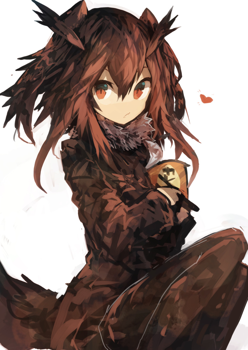 1girl absurdres bird_tail bird_wings brown_coat brown_hair brown_legwear chopsticks coat commentary_request cup disposable_cup eurasian_eagle_owl_(kemono_friends) feet_out_of_frame fur-trimmed_coat fur_collar fur_trim hair_between_eyes heart highres holding holding_chopsticks holding_cup instant_curry_rice kaamin_(mariarose753) kemono_friends long_sleeves looking_at_viewer owl_ears parted_lips red_eyes simple_background sitting solo white_background wings