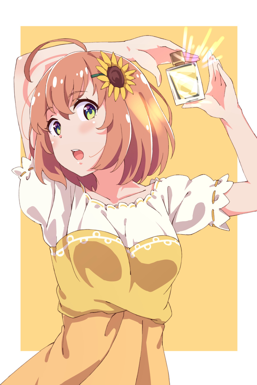 1girl :o absurdres ahoge arms_up bangs blush bottle breasts brown_hair collarbone commentary_request dress eyebrows_visible_through_hair flower green_eyes hair_flower hair_ornament hairclip highres holding honma_himawari karahai_(31448823) looking_at_viewer medium_breasts multicolored multicolored_clothes multicolored_dress nijisanji open_mouth orange_background perfume_bottle ribbon-trimmed_sleeves ribbon_trim short_hair short_sleeves solo sunflower_hair_ornament tareme upper_body