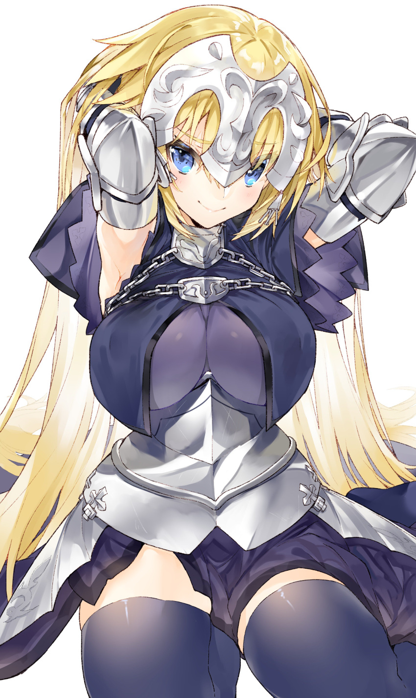 1girl absurdres armor armored_dress blonde_hair blue_eyes capelet fate/apocrypha fate/grand_order fate_(series) faulds gauntlets hair_down headpiece highres jeanne_d'arc_(fate) jeanne_d'arc_(fate)_(all) kou_mashiro long_hair looking_at_viewer plackart smile solo thigh-highs very_long_hair